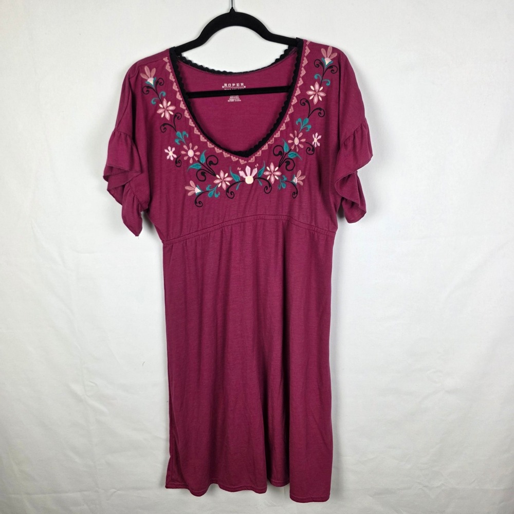 Roper Wear The West Womens Pink Floral Embroidered V-Neck Ruffle Dress‎ Large